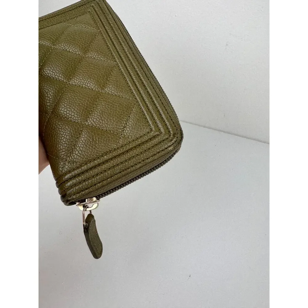 CHANEL Khaki Green Continental Wallet Leather Quilted Inner Pocket Zip Around